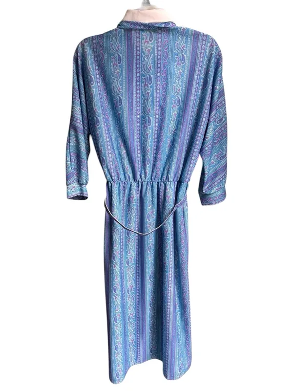 Vintage 80s blue paisley belted dress Size 10 - Image 4