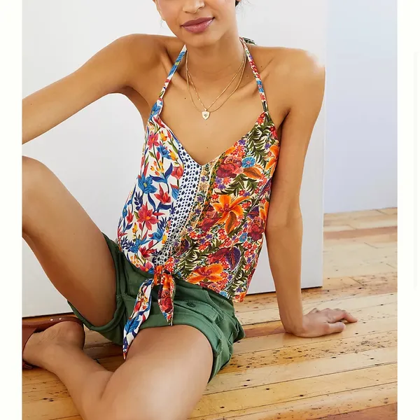Farm Rio for Anthropologie women’s small floral spliced halter blouse - Image 2