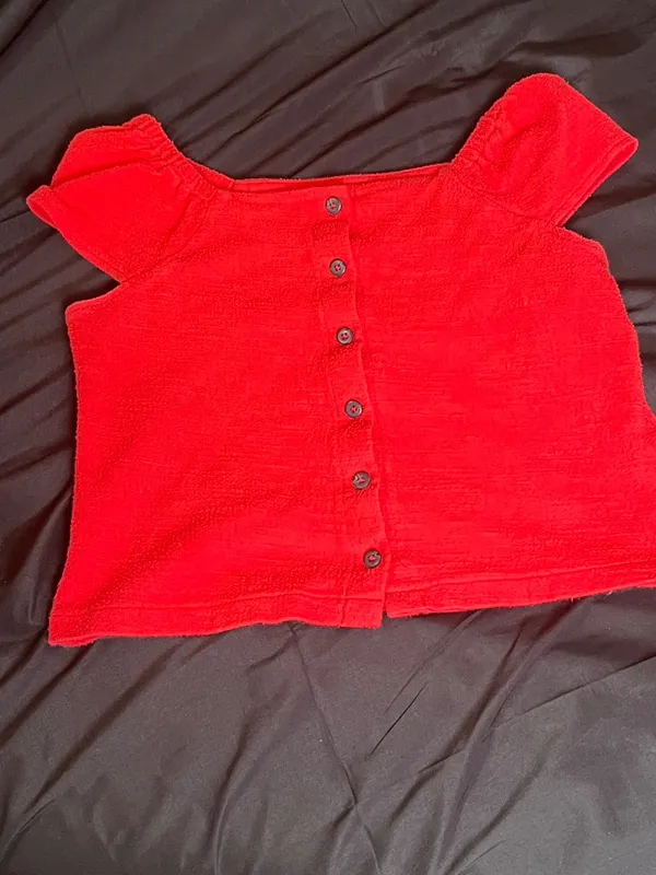 Madewell Texture & Thread Red Smocked Puff Sleeve Button Front Crop Top - Image 6