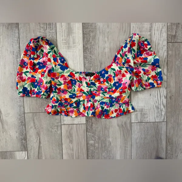 FORE Vibrant Floral Puff Sleeve Indie Peplum Fairycore Crop Top size medium - Image 6