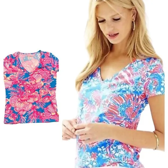 Lilly Pulitzer Michelle Cap Sleeve Vneck Tshirt Cotton Stretchy Pink Blue Top S - Image 2