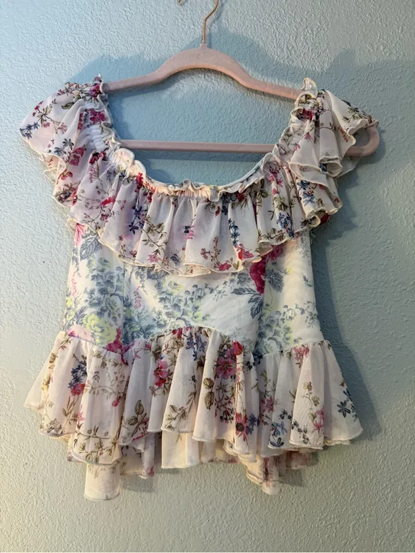 Anthropologie Floral Off-Shoulder Ruffle Crop Top - Pink & Cream - Image 6