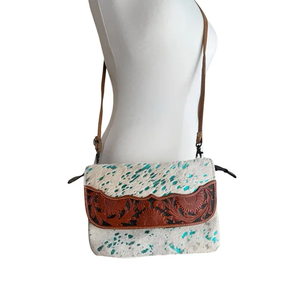 Myra Bag Turquoise-Speckled Cowhide Crossbody with Tooled Leather Trim - Image 2