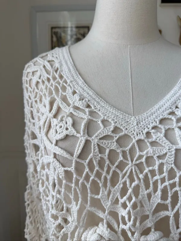 Vintage 90s Y2K One Step Up Ivory Open Knit Crochet Long Sleeve Crop Top OSFM - Image 2