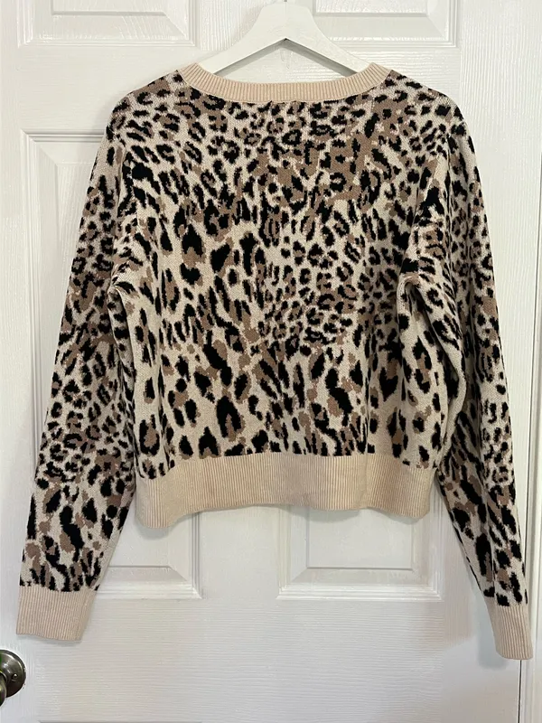 A New Day Leopard Print Cardigan Cropped Chic Minimalist Neutral Classic Sweater M - Image 3