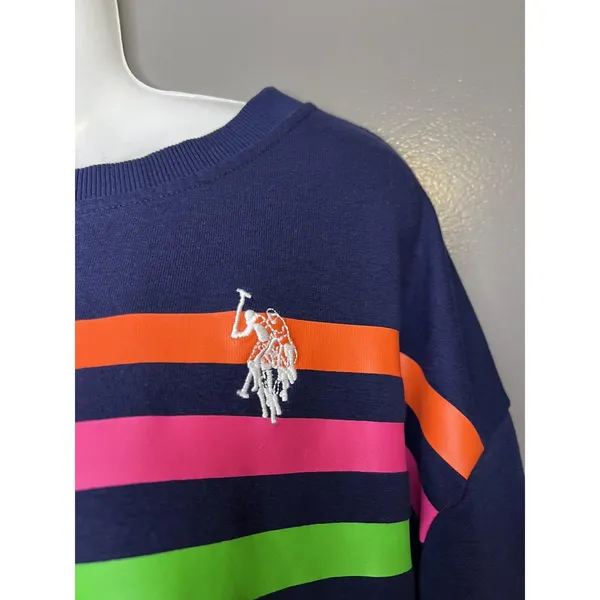 U.S. Polo Assn Sweatshirt Womens Medium Navy Rainbow Stripe Fleece Pullover - Image 5