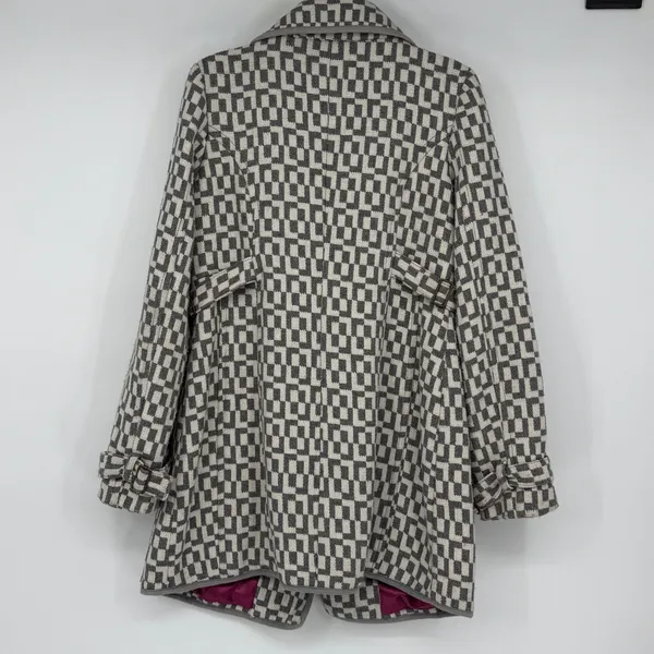 Tulle Geometric Tapestry Coat M Gray Ivory Double Breasted Mod Y2K Retro - Image 2