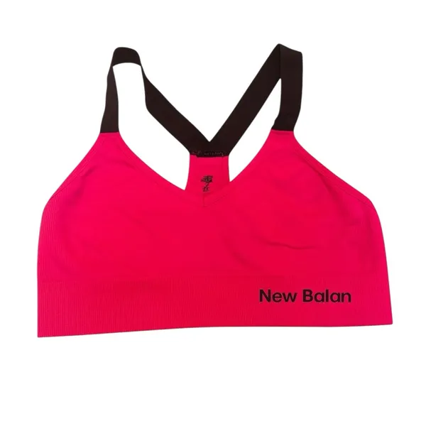 New Balance Seamless Racerback Sports Bra Pink Medium Yoga Gym Logo Flaw Top GUC - Image 3