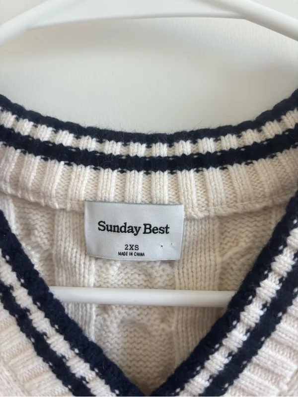 Sunday Best Merino Wool Cream Cable Knit V-Neck Sweater Vest - Image 2