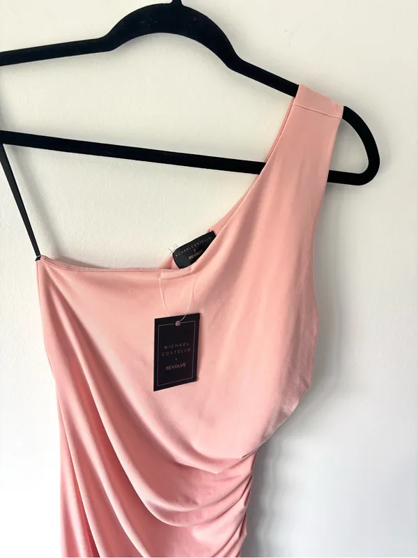 Michael Costello x Revolve Kimberly Mini Dress One Shoulder Ruched Side Pink - Image 4