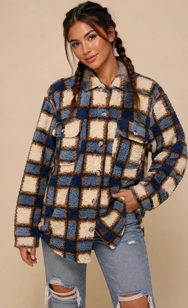 Absolutely Famous Blue & Brown Plaid Sherpa Fleece Shacket - Womens Size XL - Image 2