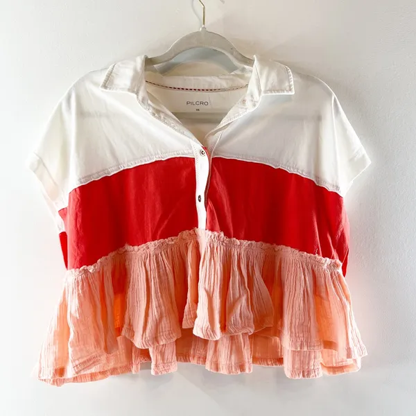 Pilcro Anthropologie Bonfire Rugby Collared Short Sleeve Peplum Top White XS - Image 2