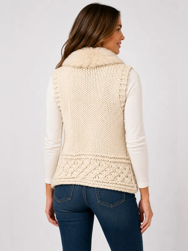 Papaya Chunky Knit Sweater Vest Cream Faux Fur Trim Rabbit Hair Medium - Image 2