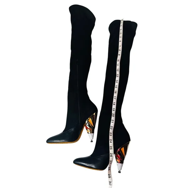Givenchy Black Leather Suede Over Knee OTK Boots Printed Heel EU 38.5 - Image 12