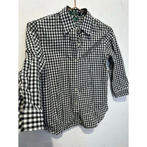 LAUREN RALPH LAUREN Black White Checkered Gingham 100% Cotton Button Up Shirt 0 - Image 7