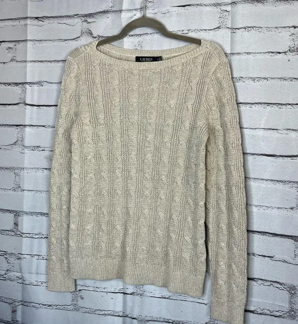 Lauren Ralph Lauren Black Label Cable Knit Cream Sweater Preppy Fall M Vintage - Image 8