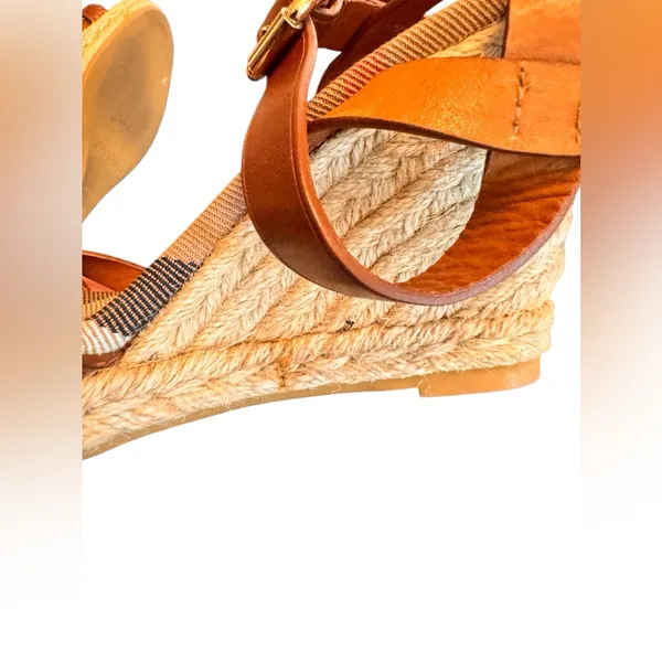Burberry Tan Leather Check Canvas Espadrille Wedge Sandals EU 35 Italy GUC FLAW - Image 11