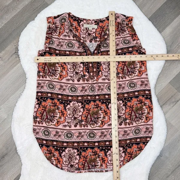Loft Boho Floral Split Neck Sleeveless Tunic Tank Top Shirt Peach‎ Coral Medium - Image 12