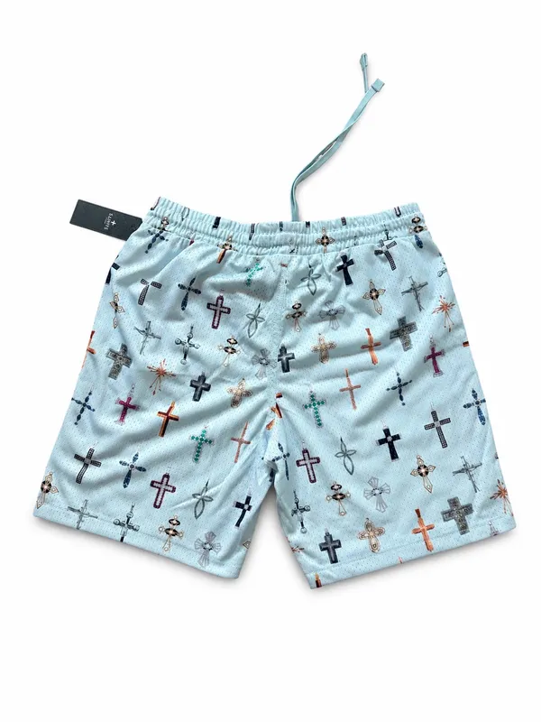 Saints Studio Mesh Shorts – Light Blue Cross Print - Image 2
