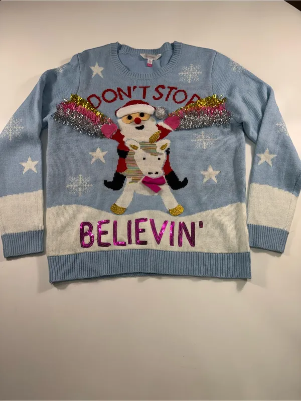 No Boundaries Ugly Christmas Sweater'Don't Stop Believin' Santa Crewneck Sweater - Image 2