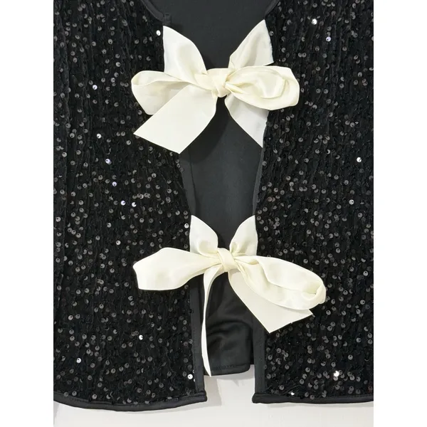 Sequin Bow Jacket Womens Medium Black Cropped Tie Front Evening Party - Image 4