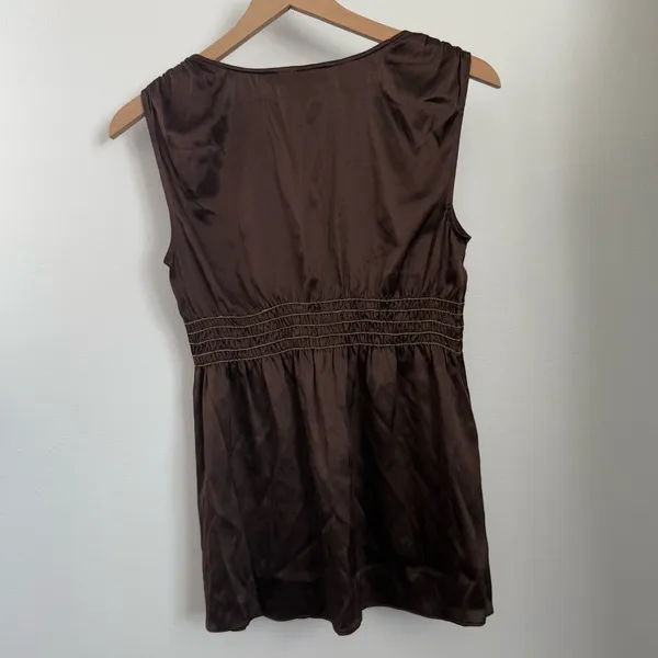 Express‎ Y2K Small Silk Blouse Peplum Babydoll Office Goblin Cinch Waist Brown - Image 3