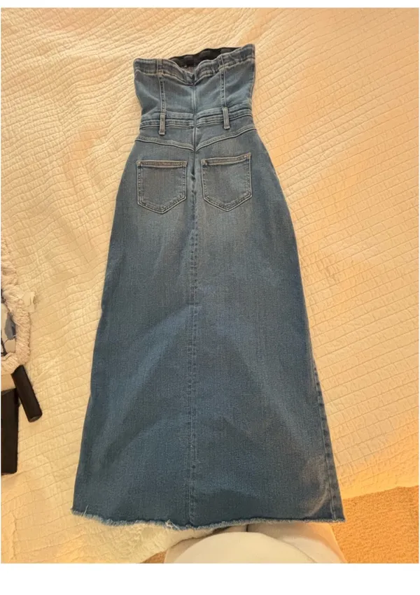 Pilcro The Madi Anthropologie Front Slit Strapless Denim Dress XS - Image 5