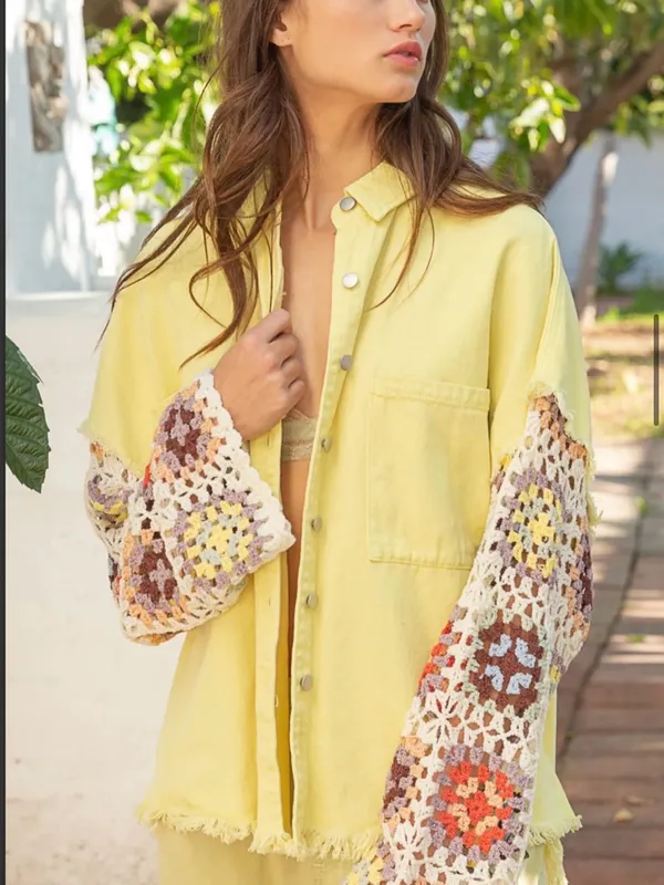New. Lemonade Twill Shacket w/ Crochet Sleeves - Image 5