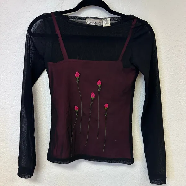 Vintage Currants Y2K Rose Embroidered Mesh Layered Top Romantic Goth - Image 3