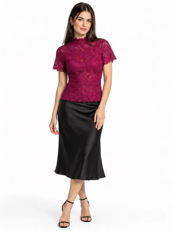 GUESS Burgundy Plum Floral Lace Mock Neck Sheer Top Small Dark Romantic Fairy - Image 2