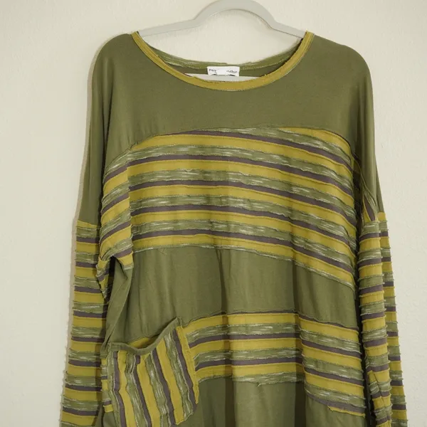 Neon Buddha 1X Tunic Top Green Striped Raw Edge Cotton Pocket Lagenlook Indie - Image 2