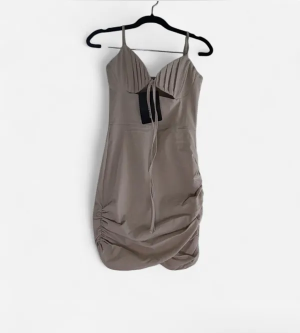 NWT PrettyLittleThing Stone Stretch Woven Pleated Tie Bust Bodycon Dress - Size US 2 - Image 3