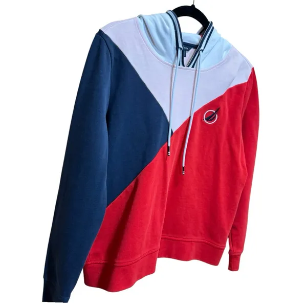 Nautica Colorblock Hoodie Women’s Medium Red Navy White Pullover 2019 - Image 4