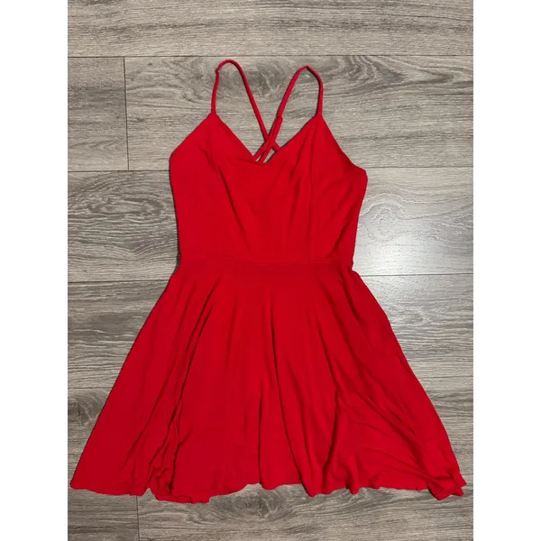 Forever 21 Red Skater Dress Small V-Neck Crisscross Back Mini Small Y2K Romantic - Image 15