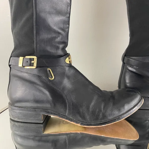 Michael Kors Black Leather Gold Hardware Buckle Arley Knee High Riding Boots - Image 7