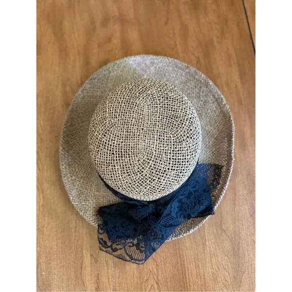 Vintage Straw Sun Hat With Black Lace Ribbon Cottagecore Wide Brim Hat - Image 7