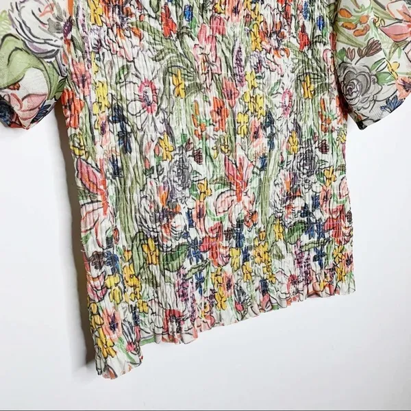 Anthropologie Aurelia Smocked Top Floral Cream Size M Balloon Sleeve Ruching - Image 6