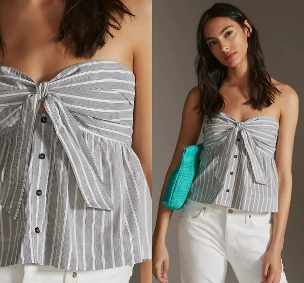 Anthropologie NWT $98 x Dolan Striped Tube Smocked Pullover Tie-Styling Top XL - Image 3