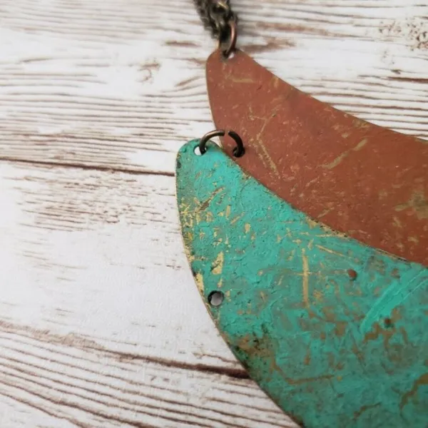 Vintage Necklace Statement Metal Necklace with Green & Orange Tones - Image 4