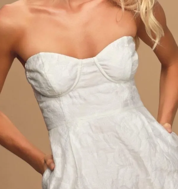 Lulus From this Day White Floral Jacquard Strapless Midi Dress - Image 4