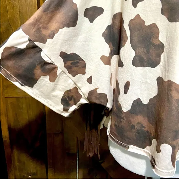 NWT Peach Love California Brown and White Crop Fringe Cow Print Tee - Image 8