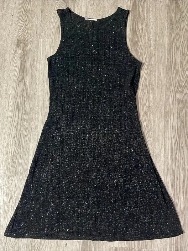 Vintage Y2K Little Black Sparkle Dress Sz XS Slinky Glitter Formal Wedding Guest - Image 2