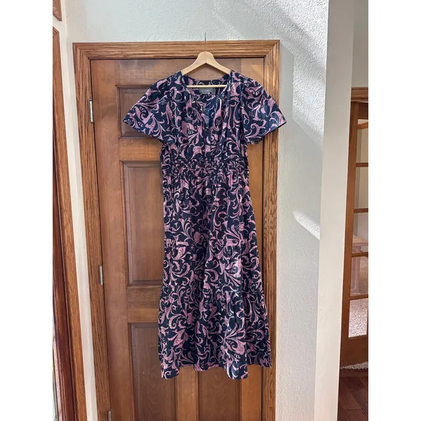 ANTHROPOLOGIE Somerset Paisley Maxi Dress in Navy Blue / Marin Size XL Petite - Image 4