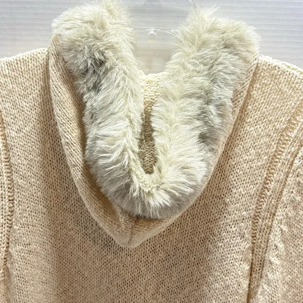 Vtg Old Navy Cable Knit Sweater Zip Up Faux Fur Collar Cream Beige Y2K XL - Image 5