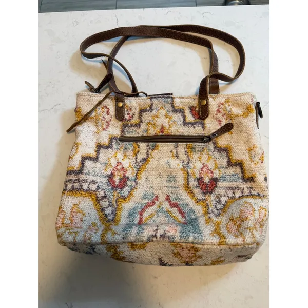 Myra Bag Southwestern Woven Rug Leather Tote Shoulder Bag Bohemian Concho Brown - Image 4