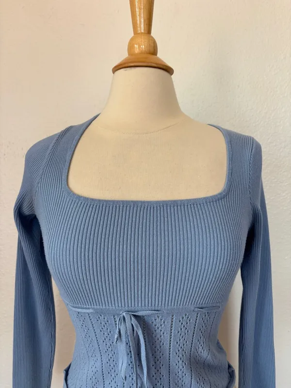 Altar'd State Blue Knit Long Sleeve Milkmaid Top - Image 2