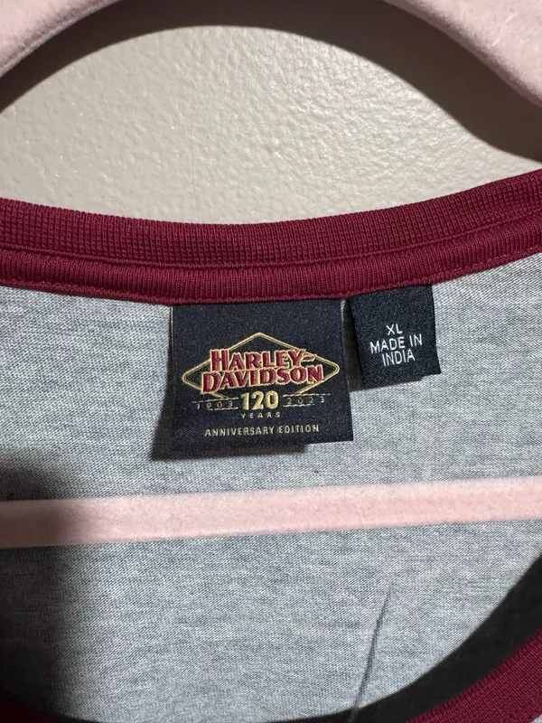 Women's Harley-Davidson Gray Tee with Maroon Neckline and Anniversary Logo XL - Image 4
