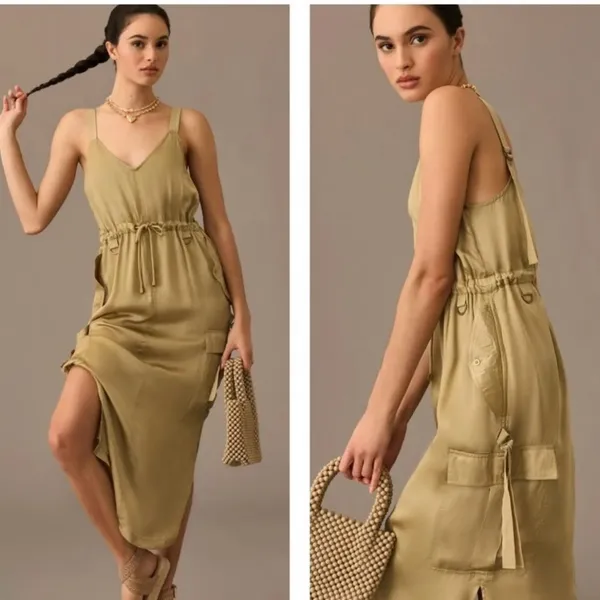 Love The Label Anthropologie Sleeveless Utility Satin Green Midi Dress Size‎ XS - Image 2