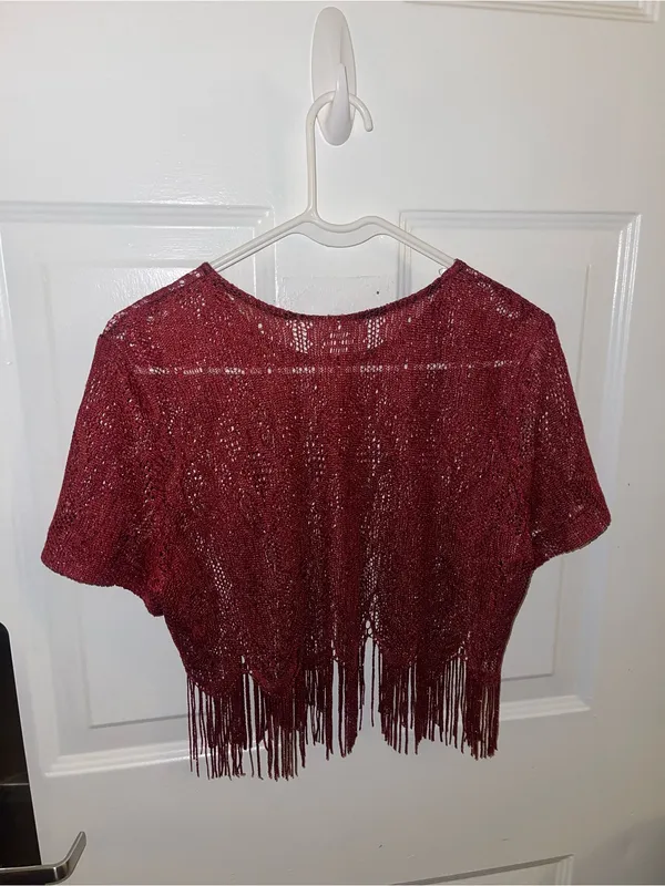 Metallic Maroon Fringe Knit Crop Top, Flapper Girl Style - Image 2