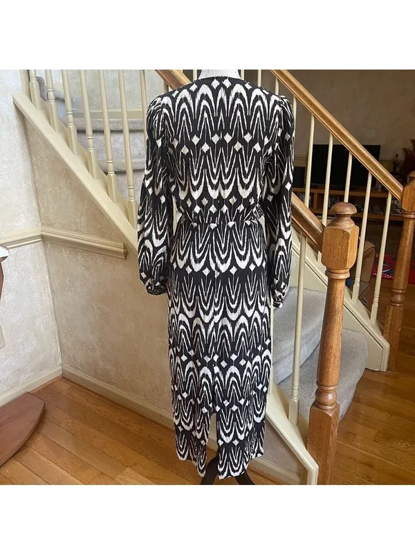 Zara Printed Midriff Cutout Brown Cream Ikat Tribal Puff Sleeve Maxi Dress Sz S - Image 8